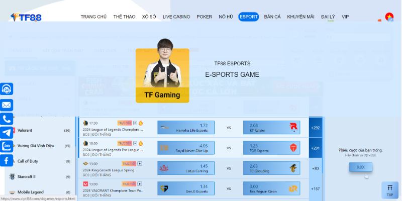 Tổng hợp những game cá cược E Sports Tf88